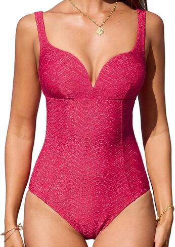 CUPSHE Women's One Piece Swimsuit Bathing Suit Tummy Control Sweetheart Neck V Wire Jacquard Shinning in Saudi Arabia