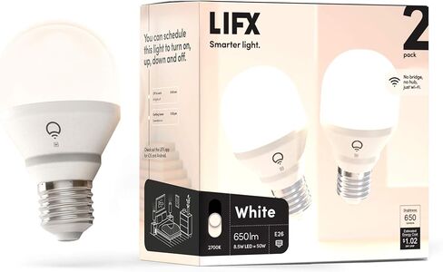 LIFX L3A19LW06E26CA أبيض، لمبة إضاءة LED ذكية A19 Wi-Fi، دافئة، قابلة للتعتيم، لا تحتاج إلى جسر، متوافقة مع Alexa، Hey Google، Apple HomeKit (عبوتان) in Kuwait