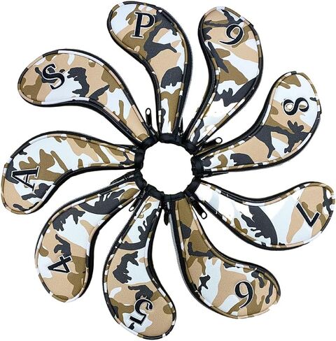 أغطية رأس حديدية بسحاب مموه لنادي الجولف 9 قطع/مجموعة مع رقم على كلا الجانبين أغطية رأس من جلد البولي يوريثان (أزرق مموه/بني مموه) ﻿ in Kuwait