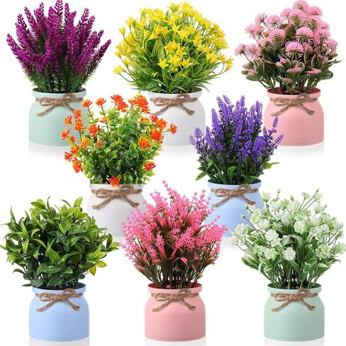 Artificial Potted Flowers Fake Potted Plants Plastic Faux Flowers for Home Decor Indoor Small Artificial Plants in Pots for Wedding Home Desk Tabletop Outdoor Office Kitchen (Fresh Style, 8 Pcs) in Saudi Arabia
