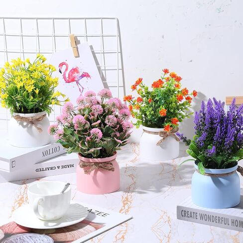 Artificial Potted Flowers Fake Potted Plants Plastic Faux Flowers for Home Decor Indoor Small Artificial Plants in Pots for Wedding Home Desk Tabletop Outdoor Office Kitchen (Fresh Style, 8 Pcs) in Saudi Arabia