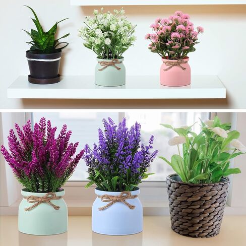 Artificial Potted Flowers Fake Potted Plants Plastic Faux Flowers for Home Decor Indoor Small Artificial Plants in Pots for Wedding Home Desk Tabletop Outdoor Office Kitchen (Fresh Style, 8 Pcs) in Saudi Arabia