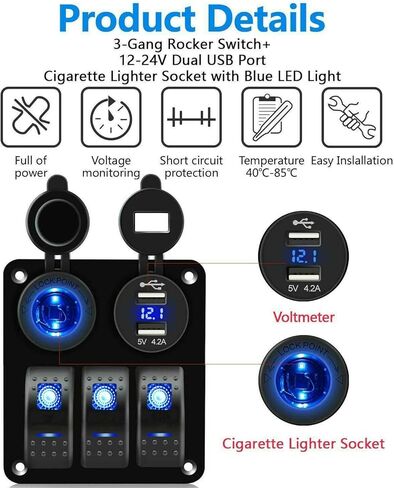3 Gang Waterproof Marine Boat Rocker Switch Aluminum Panel, DC 12V/24V 5Pin ON-Off Switch, with LED Digital Display Voltmeter & 4.2A Dual USB Slot Socket for Car Rv Vehicles Truck, 3 Years Warranty in Saudi Arabia