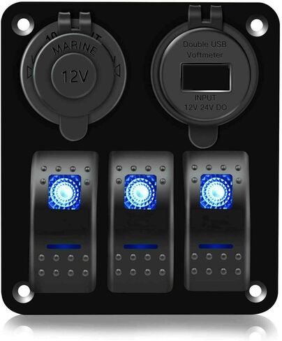 3 Gang Waterproof Marine Boat Rocker Switch Aluminum Panel, DC 12V/24V 5Pin ON-Off Switch, with LED Digital Display Voltmeter & 4.2A Dual USB Slot Socket for Car Rv Vehicles Truck, 3 Years Warranty in Saudi Arabia