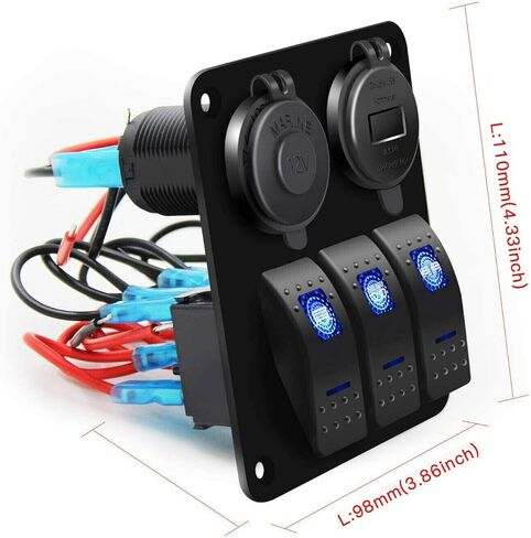 3 Gang Waterproof Marine Boat Rocker Switch Aluminum Panel, DC 12V/24V 5Pin ON-Off Switch, with LED Digital Display Voltmeter & 4.2A Dual USB Slot Socket for Car Rv Vehicles Truck, 3 Years Warranty in Saudi Arabia