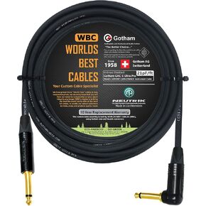 50 Foot - Gotham GAC-1 Ultra Pro - Premium Low-Cap (21 pf/F) Guitar Bass Instrument Cable – w/Neutrik Gold Straight to Angled ¼ inch (6.35mm) TS Connectors - Custom Made by WORLDS BEST CABLES