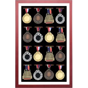 Large Medals Display Shadow Box - Medal Display Frame - 16 Medal Display Case - Perfect Medal Display for War Military, Runners, Marathon, Race Winner, Football, Gymnastics & All Sports (Red Wood)
