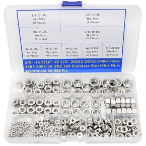 304 Stainless Steel Hex Nuts Assortment Kit 9 Sizes #2-56/ #4-40/ #6-32/ #8-32/ #10-24/ #12-24/5/15-18/1/4-20/3/8-16 UNC Hardware Nuts for Screws Bolts, Pack of 280 Pieces