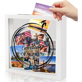 White Shadow Box Frame - Wood Keepsake Ticket Box with Slot 8x8(20cmx20cm) Inch White Shadow - Wood Keepsake Ticket Box with Slot -Catch Pleasant Memories - Wall Decor & Desk Display