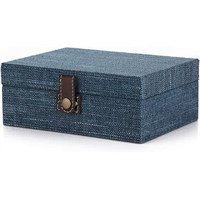 Hipwie Treasure Chest Jewelry Box - Wooden Decorative Box with Clasp Linen Covered Memento Case Box Rectangular Keepsake Box Photos Storage Organizer Home Decor,Blue