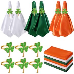 12 Pcs St. Patrick's Day Napkin Rings Set- St. Patrick's Day Cloth Napkins Ring Holders- Reusable Napkins Cloth and Metal Shamrock Napkin Rings for Saint Patrick's Day Irish Party Decoration