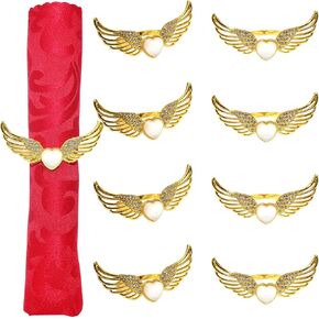Angel Wings Napkin Rings Set of 8 Heart Shaped Opal Napkin Holder Rhinestone Metal Feather Serviette Rings for Wedding Princess Party Birthday Bride Shower