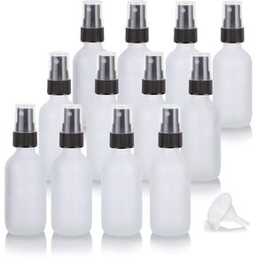 JUVITUS 2 oz Clear Glass Frosted Boston Round Bottle with Graduate Black Dropper Top (12 pack) + Funnel for cosmetics, serums, carrier and essential oils