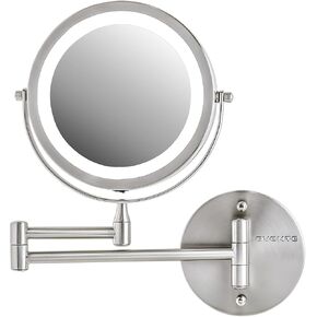 OVENTE 7" Lighted Wall Mount Makeup Mirror - 1X/ 7X Magnification, Battery Powered Glow Cosmetic Light up, Spinning 360-Degree, Double Sided LED, Extendable & Folding Arm, Polished Chrome MFW70CH1X7X
