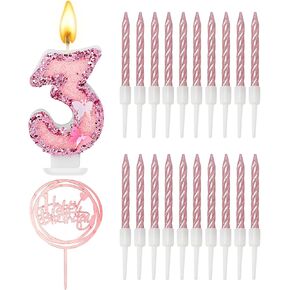 Birthday Candles Number 3, Pink Glitter Happy Birthday Cake Candles with Spiral Cake Candles, Pink Cake Topper Decoration, Sequin Numeral Princess Candle for Party
