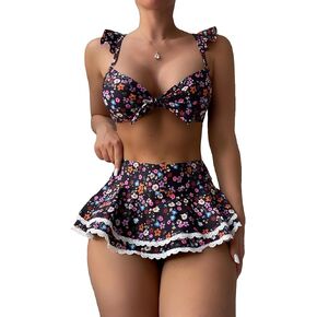Women's 2 Piece Floral Print Bikini Sets with Frill Trim Skort Swimsuit Bathing Suit Beachwear