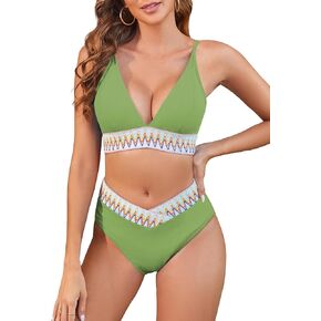 ZAFUL Women High Waisted Bikini Sets Tummy Control High Cut Bathing Suit Colorblock Trim 2 Piece Swimsuits