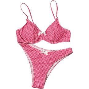 SweatyRocks Women's 2 Piece Bikini Set Plaid Bowknot Gingham Bikini Swimsuit High Cut Cute Bikini