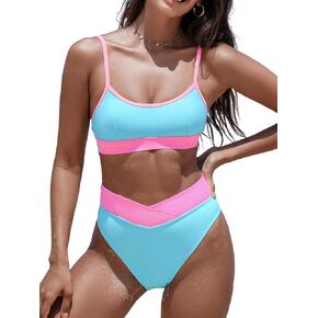CUPSHE Women's Bikini Sets High Waisted Scoop Neck High Cut Cheeky Bottom V Cut Color Block Bathing Suit