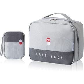 2 Size Empty First Aid Bags with Small Medical Pouch, Insulated Survival Medicine Bag, Portable Medication Travel Carrying Case with Handle for Car Home Camping Office Workplace (Grey)