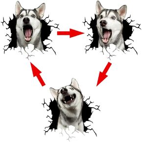 Dog Window Clings Car Crack Decals Wall Poster Pet Stickers Realistic Animal Funny 3D Husky Lenticular Motion Flip Depth Toilet Wall Fridge Truck Door Glass Simulation Gift Static Stickers Durable