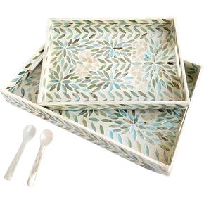 Set of 2 Mother of Pearl Rectangule Ottoman Severing Tray with 2Packs Decorative Caviar Spoons,16" and 14" Sea Shell Inlay Counter Top Decorative Tray,Handmade Lacquer Wooden Decorative Trays