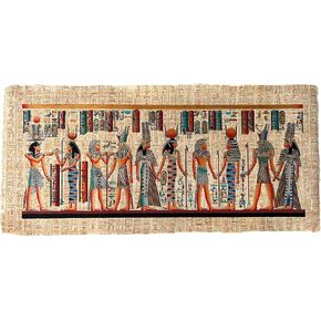 Rectangle Wall Art, Hieroglyphic Papyrus Painting, Ramses II, Hathor, Thutmose III, Horus, Isis, Nefertari and Tut, 36x16 Inches, 93x43 cm