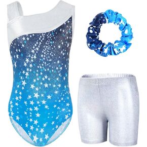 Gogokids Gymnastics Leotards for Girls, Kids Glitter Stars Dance Unitards Biketards with Shorts