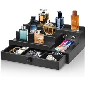 Cologne Organizer for Men with Drawer, Wood Cologne Stand Display Shelf with Hidden Compartment, Perfume Holder Organizer for Dresser, Room Essentials for Men, Display Risers, Gift for Husband, Father