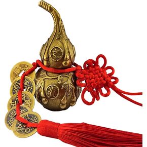 Chinese Good Luck Wu Lou, Feng Shui Brass Gourd Cucurbit with 5 Coins Chinese Hu Lu Gourd for Office Bedroom Car Hanging Ornaments (4 inch)