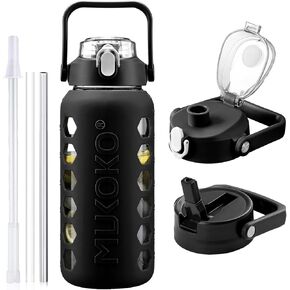 MUKOKO 64 oz Glass Water Bottle with Time Marker and 2 Lids, 2 Liter Half Gallon Large Water Bottle with Straw, Big Glass Water Jug with Sleeve -Light Amber