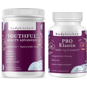 Body Kitchen Youthful Beauty Advanced Collagen Peptides Powder and Resveratrol and Hyaluronic Acid 10oz and Pro-Elastin, Count of 60