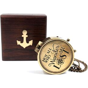 NOT All WHO Wander Engraved Personalized Inscription Antique Brass Compass Engraved with Wooden Case Son Mom Children Gift Baptism Birthday Easter Decor