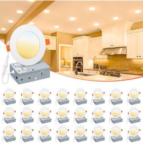 VOLISUN 24 Pack 6 inch Recessed Lighting, 5CCT Ultra-Thin LED Recessed Light with Junction Box, 2700K-5000K Selectable, 1080Lumen Dimmable Canless Wafer Downlight, LED Ceiling Light ETL Certificated