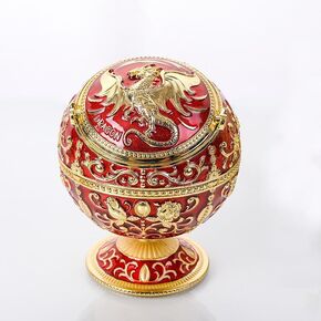Windproof Large Ashtray with Flip Lid for Cigarettes, Portable Metal Dragon Print Home Decorative Ashtray for Patio Indoor Outdoor, Cone Incense Burner, Red Golden