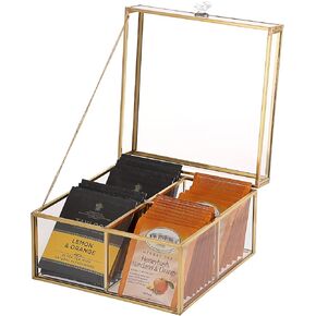 ELLDOO Gold Glass Tea Bags Box with Lid, Trinket Jewelry Box Countertop Storage for Sugar Packets Makeup Sponges Jewelry, 4 Grids, Glass Box Only