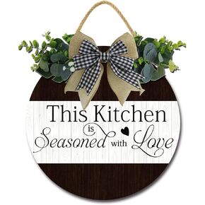 This Kitchen is Seasoned with Love Kitchen Decor Farmhouse Kitchen Wall Decor Wooden Round Rustic Kitchen Front Door Kitchen Sign for Home Decor Dining room Decration, 12IN