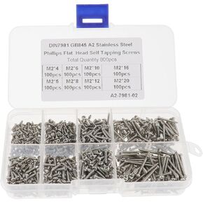 SING F LTD 800pcs M2 Self-Tapping Screws Flat Head Assorted Kit Stainless Steel