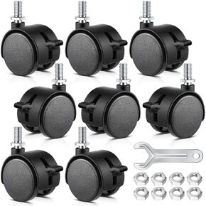 8 Pcs 1.5 Inch Caster Wheels for Cart with Brake Swivel Furniture Caster Wheels Small Nylon Plastic M8 Threaded Stem Castor Wheels for Rolling Cart Table Chair Cabinet, Black