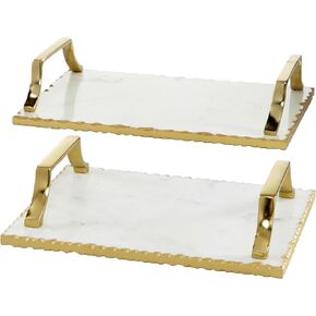 Deco 79 Ceramic Tray with Gold Handles, Set of 2 16", 13"W, Gold
