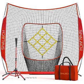 Portable Baseball net &Softball net 7ftx7ft, Baseball Batting Tee,for All Skill Levels, Pitching Net, Hitting Net,Baseball tee hitting,with Bowed Netting, Hitting Area！