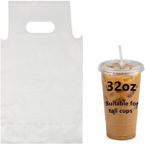 Drink Carrier for Delivery, 32oz Drink Packaging Bags, 100PCS Clear Plastic Bags with Handle Drink Cups Delivery Take Out