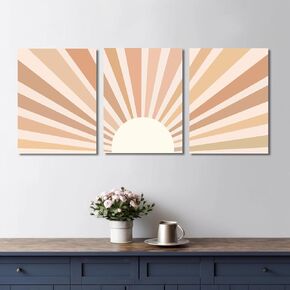 YokiMino Boho Sun Wall Art Set of 3, Mid-Century Modern Framed Canvas of Sunrise, Nature Geometric Line Art Print for Living Room, Bedroom, Bathroom, Office Decor (3x12 x16)