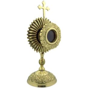 Personal Reliquary Relic Case 6" Brass Sacred Vessel Host Container with Budded Cross