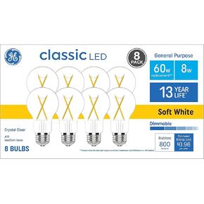 GE 60 Watt EQ A19 Classic Crystal Clear Soft White Medium Base (e-26) Dimmable LED Light Bulb 8-Pack