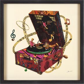 Empire Art Direct "Wind Up 78 "Hand-made dimensional music box art collage, under glass, encased on a black shadow box frame, Ready to Hang, Living Room, Bedroom & Office, 25" x 25" x 1.4"