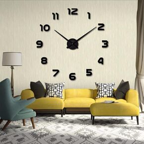 Large 3D DIY Wall Clock Roman/Arabic Numerals Clock Frameless Mirror Surface Wall Sticker Home Decor for Living Room Bedroom(Not Including Battery) (Arabic Numerals, Black)