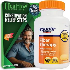 Equate Fiber Therapy Methylcellulose 500 mg 100 Caplets Vital Volumes Constipation Tips Card - Bundle