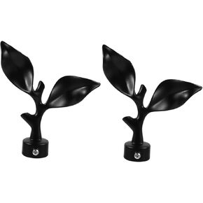 Pair of Decorative Iron Leaf Head Curtain Rod Finials - Matte Black Drapery Rod Ends - Home Bedroom Window Decor - Single Shot Curtain Pole End Cap Black