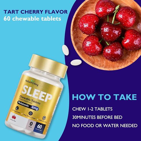 Nature's Key Melatonin 6mg Chewable Tablets, Sugar Free | Promotes Restful Sleep & Sleep Faster | Non-Habit Forming, with 6mg Vitamin B6 | 60 Tablets (Yummy Tart Cherry Flavor) in Kuwait